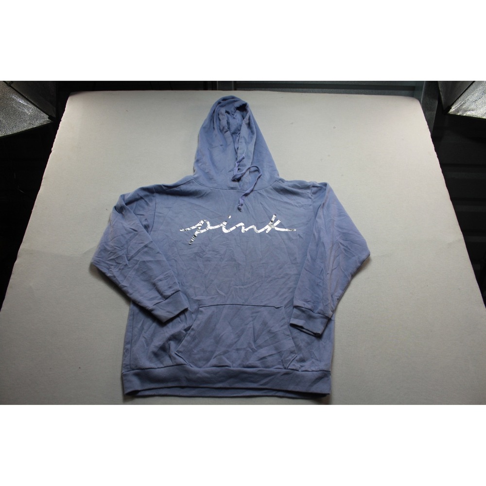 Pink Victoria's Secret Hoodie Women Medium Blue Good Silver Foil Logo Pullover